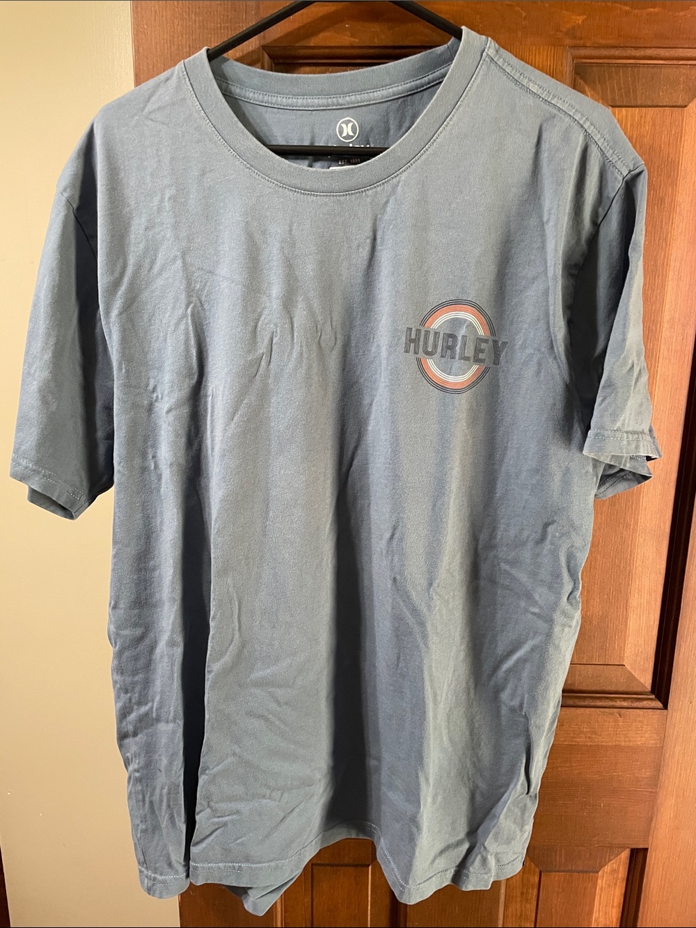 Hurley Slate Blue Crewneck Logo Tee with Orange Accent